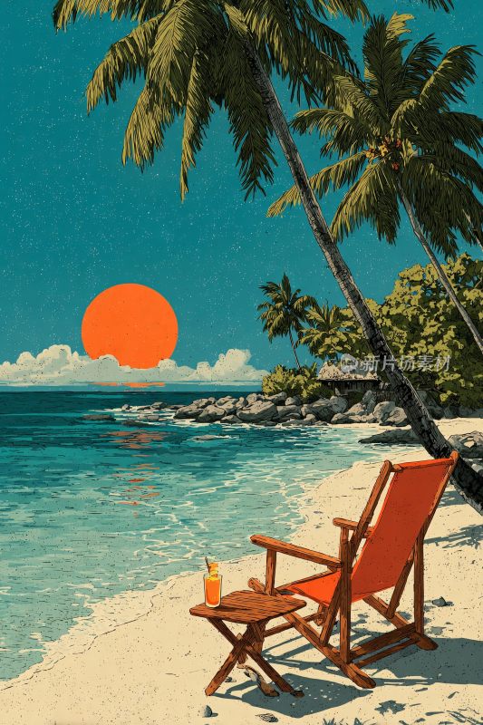 海边沙滩上的休闲座椅场景