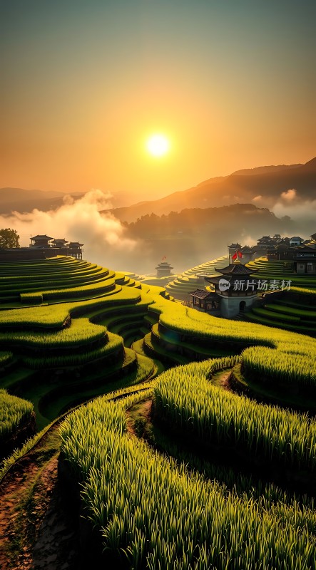 梯田晨曦阳光洒满大地