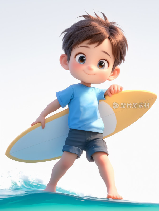 可爱卡通男孩在冲浪