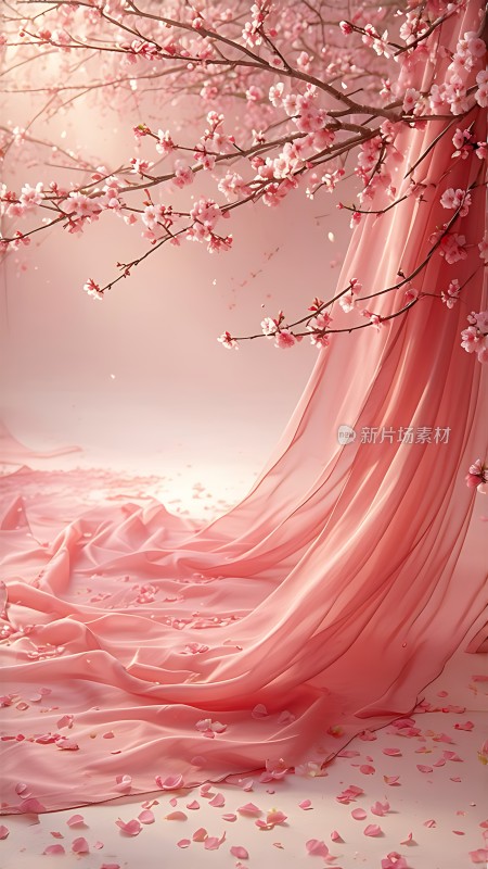 粉红樱花飘落轻盈丝带舞动