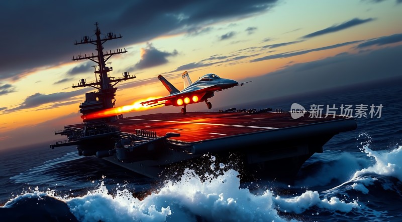 航母起飞夕阳下的壮丽场景