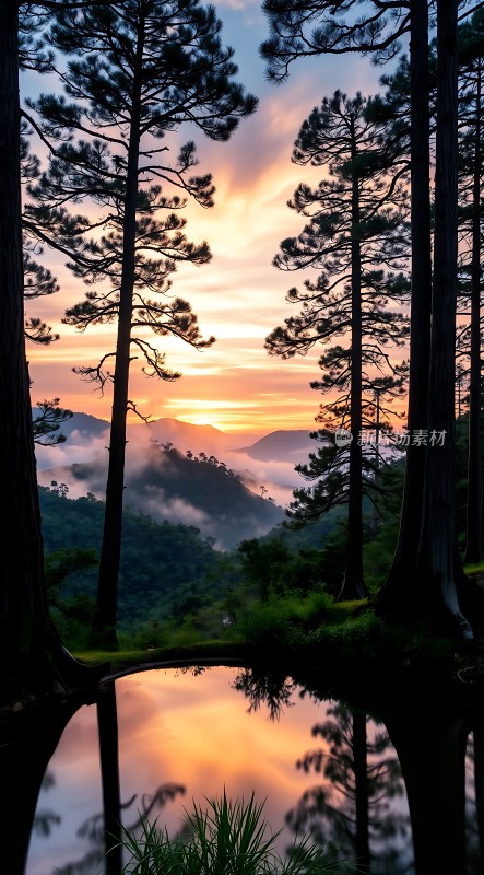 日出林间湖畔映照
