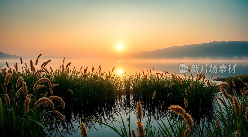 湖畔晨光映翠波