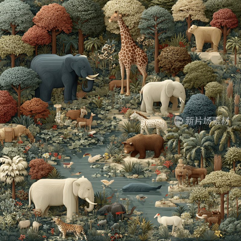 森林中的多样动物插画