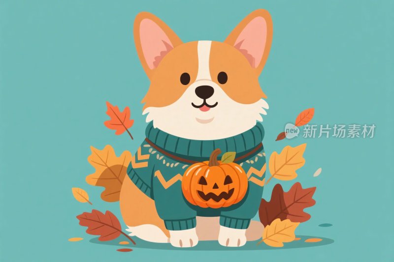 卡通柯基秋季插画