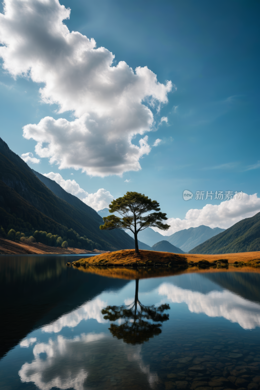 湖中央的一个小岛上一棵孤树高清风景图片