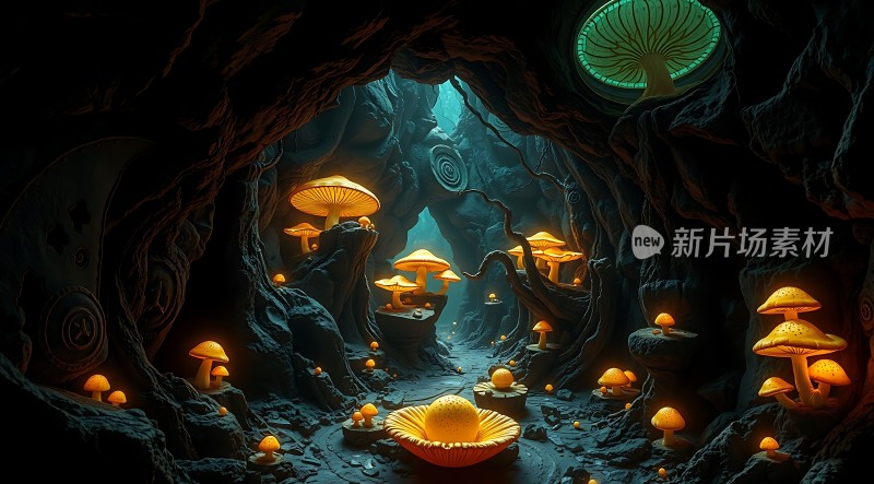 神秘洞穴中的发光蘑菇世界