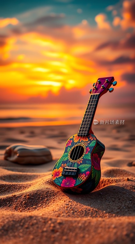 日落沙滩上的彩色尤克里里