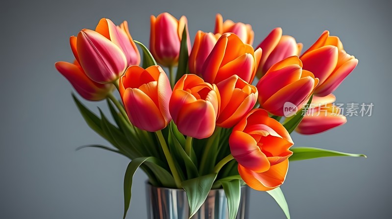 橙红郁金香绽放银色花瓶点缀