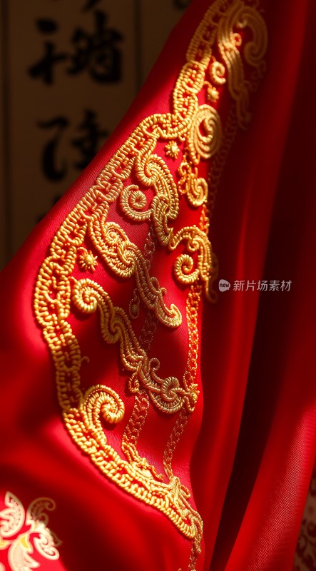 红色布料上的金色刺绣图案
