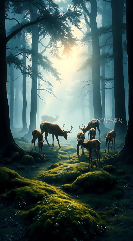 晨光中的鹿影森林