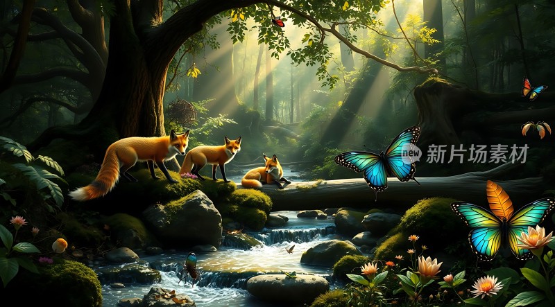 森林秘境狐狸与蝴蝶共舞