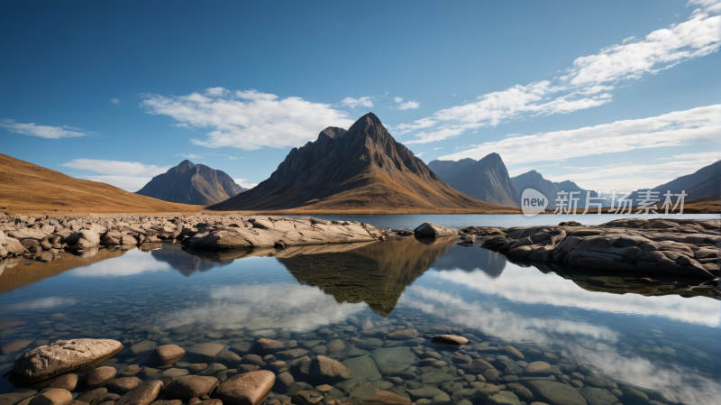 山倒映在有岩石和水的湖中风景图片