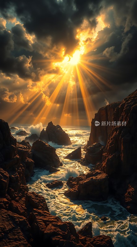 阳光下的海浪与岩石