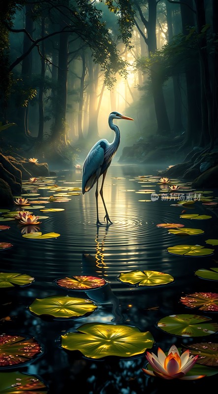 晨曦中的鹤影荷塘