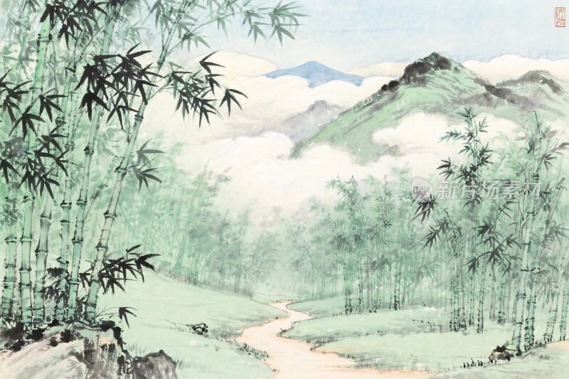 山水竹林水墨画