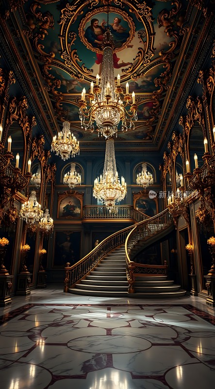 金色吊灯照耀下的宏伟楼梯和华丽的室内装饰