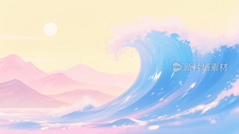 唯美海浪与远山插画