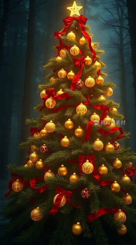 圣诞树上的金色装饰与红色丝带