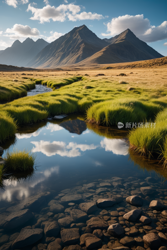 草地一条小溪流过一座高山清风景图片