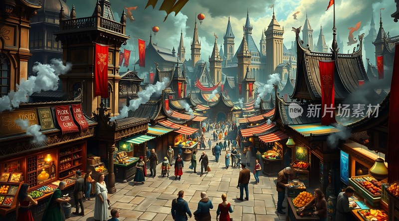 繁华市集古风建筑热闹人群色彩丰富