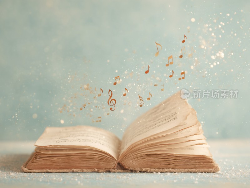 翻开的书与飘飞音符画面