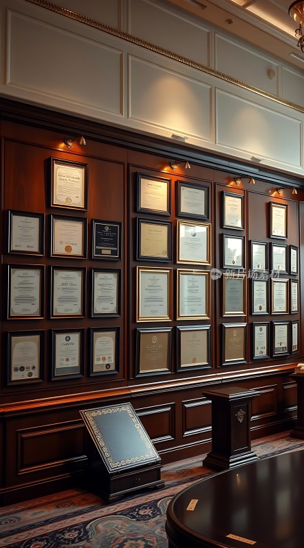 荣誉墙上的证书展示