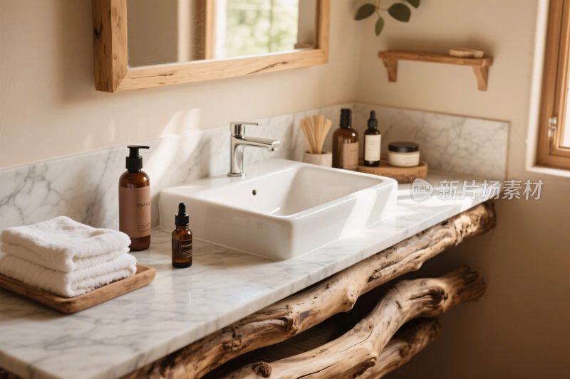自然风木质洗手台浴室场景