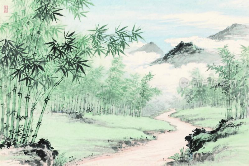 竹林山间小道国画风景