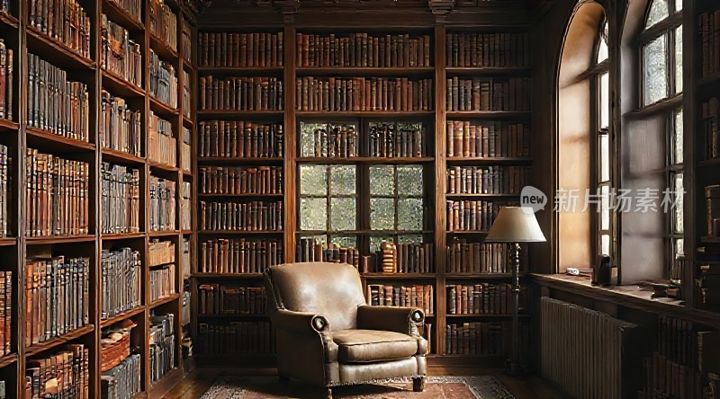 古色古香的书房棕色书架与椅子