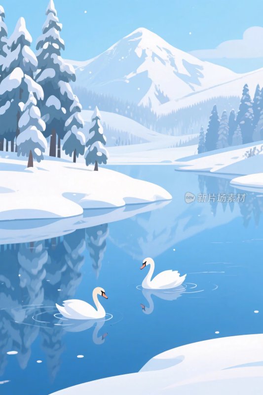 冬季雪景天鹅插画