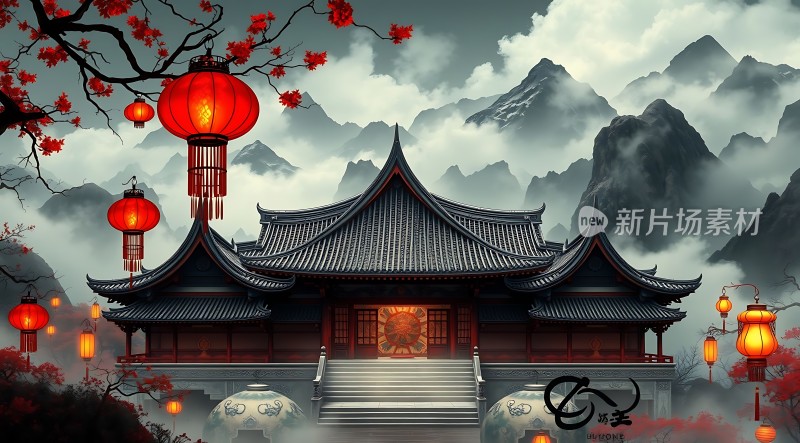 古风建筑灯笼山景