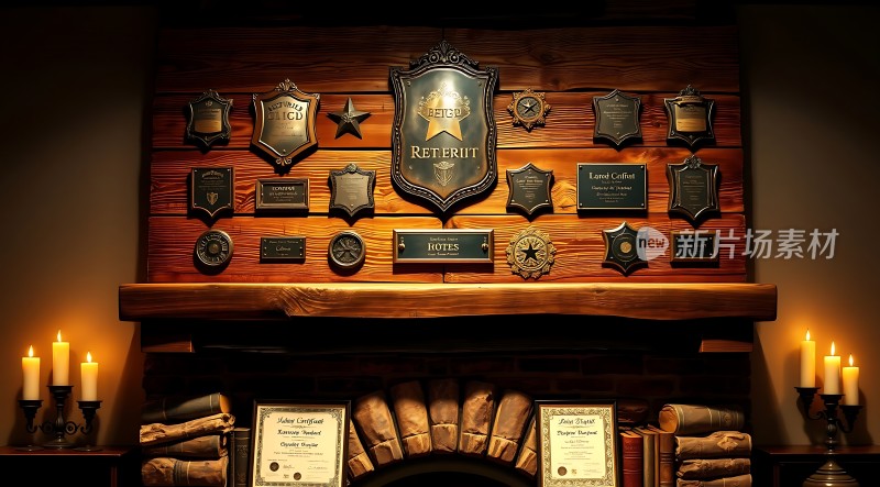 荣誉墙上的勋章与证书