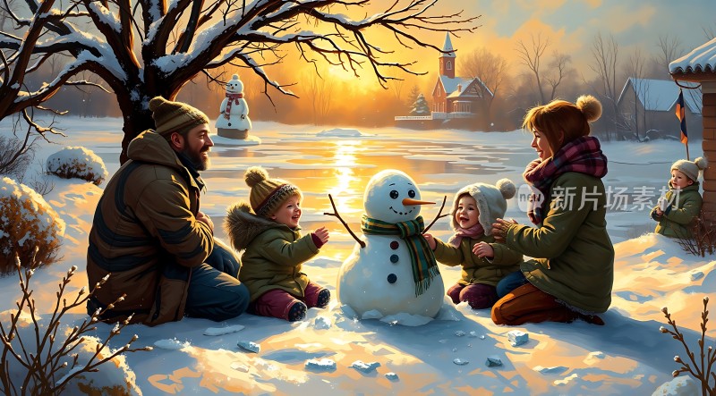 冬日家庭雪人时光