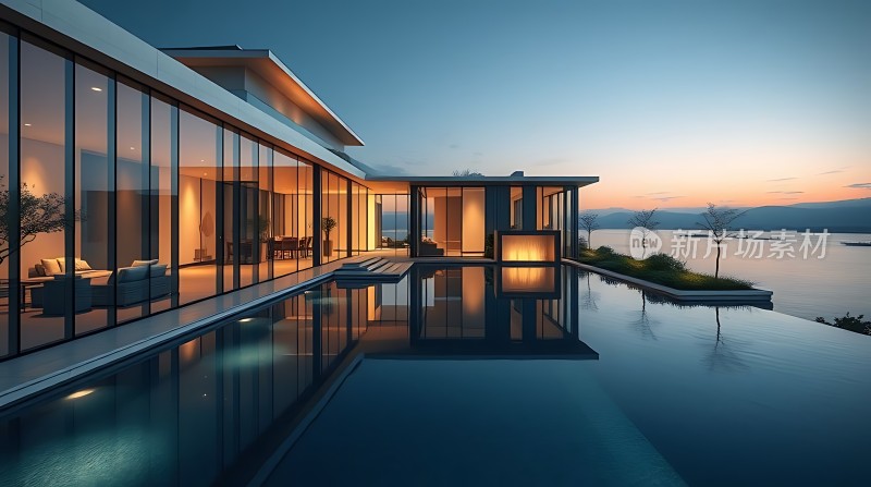 湖畔现代别墅玻璃幕墙与无边泳池尽享宁静美景