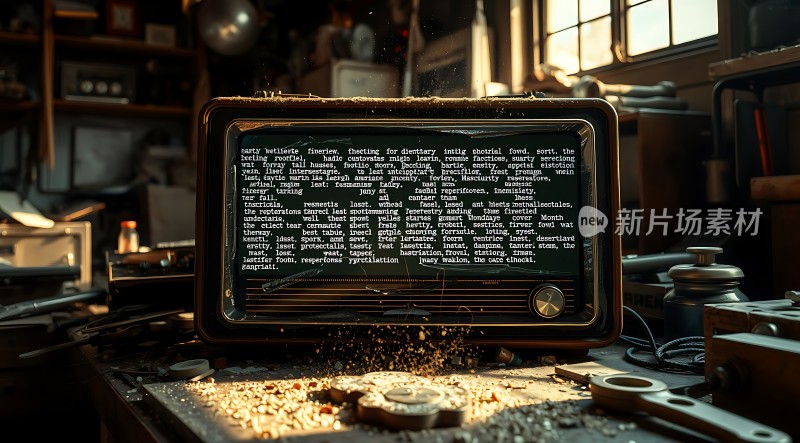 复古电视机与工作台上的工具和杂物相结合营造出一种怀旧的工业氛围