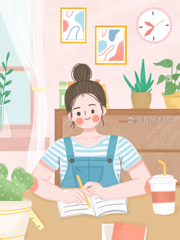 在房间里学习的女孩插画