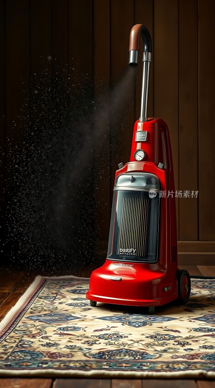 红色吸尘器清洁地毯展现强大吸力与高效性能