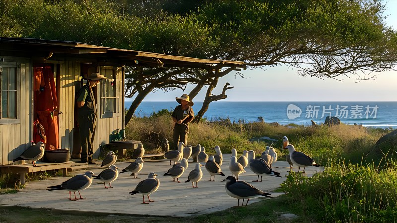 海边的宁静时光人与鸟儿的和谐相处