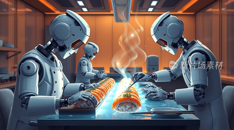 机器人厨师制作寿司的艺术画面