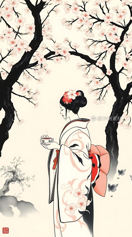樱花树下品茗佳人