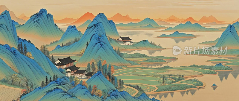 中国风山水画水墨国画风景插画图