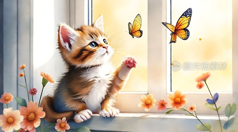 小猫与蝴蝶共舞于花丛间