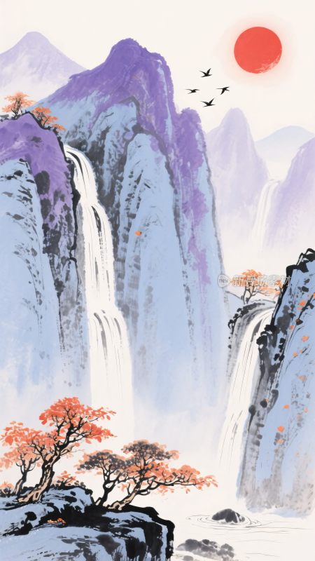 中式山水瀑布红日景观图
