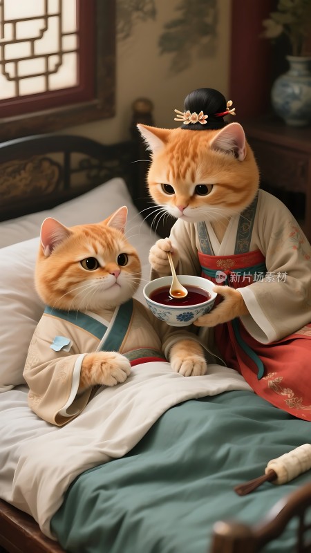 古装猫咪温馨互动场景