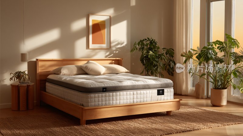 温馨卧室中的木质床与绿植