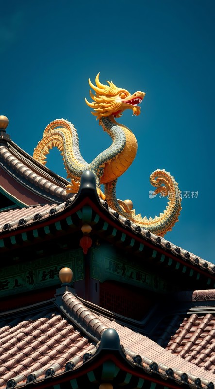 金碧辉煌的龙形雕塑威风凛凛地盘踞在古色古香的屋顶上仿佛守护着这片土地