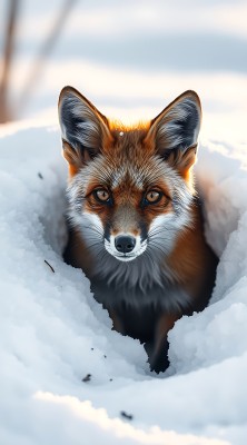 雪地红狐探出头 雪地红狐探出头