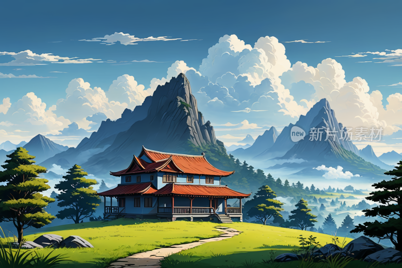 山上房屋的一座高山清风景插画图片