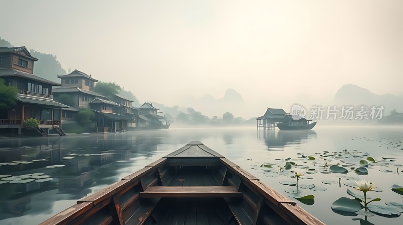 湖畔古屋雾里轻舟荷花映日